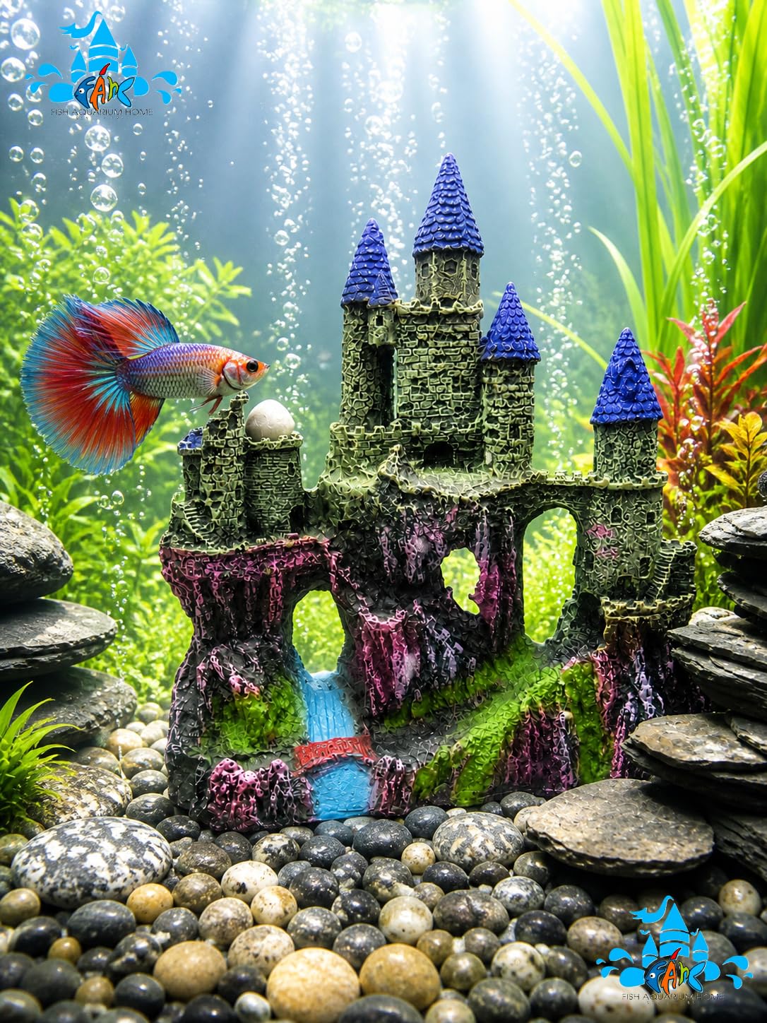 Fah® Aquarium Castle Decoration with Bridge & Waterfall Design | Non-Toxic Resin Fish Tank Ornament | Decorative Aquascaping Cave for Fish Hideout | Suitable for All Freshwater Aquariums by FAH