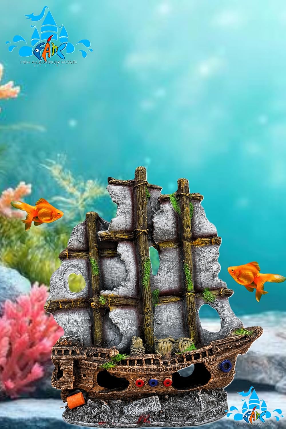 Fah® Non-Toxic Resin Aquarium Ship Decoration | Durable Aquascape Showpiece for Fish Tank Ornament (39 cm x 32 cm) by FAH
