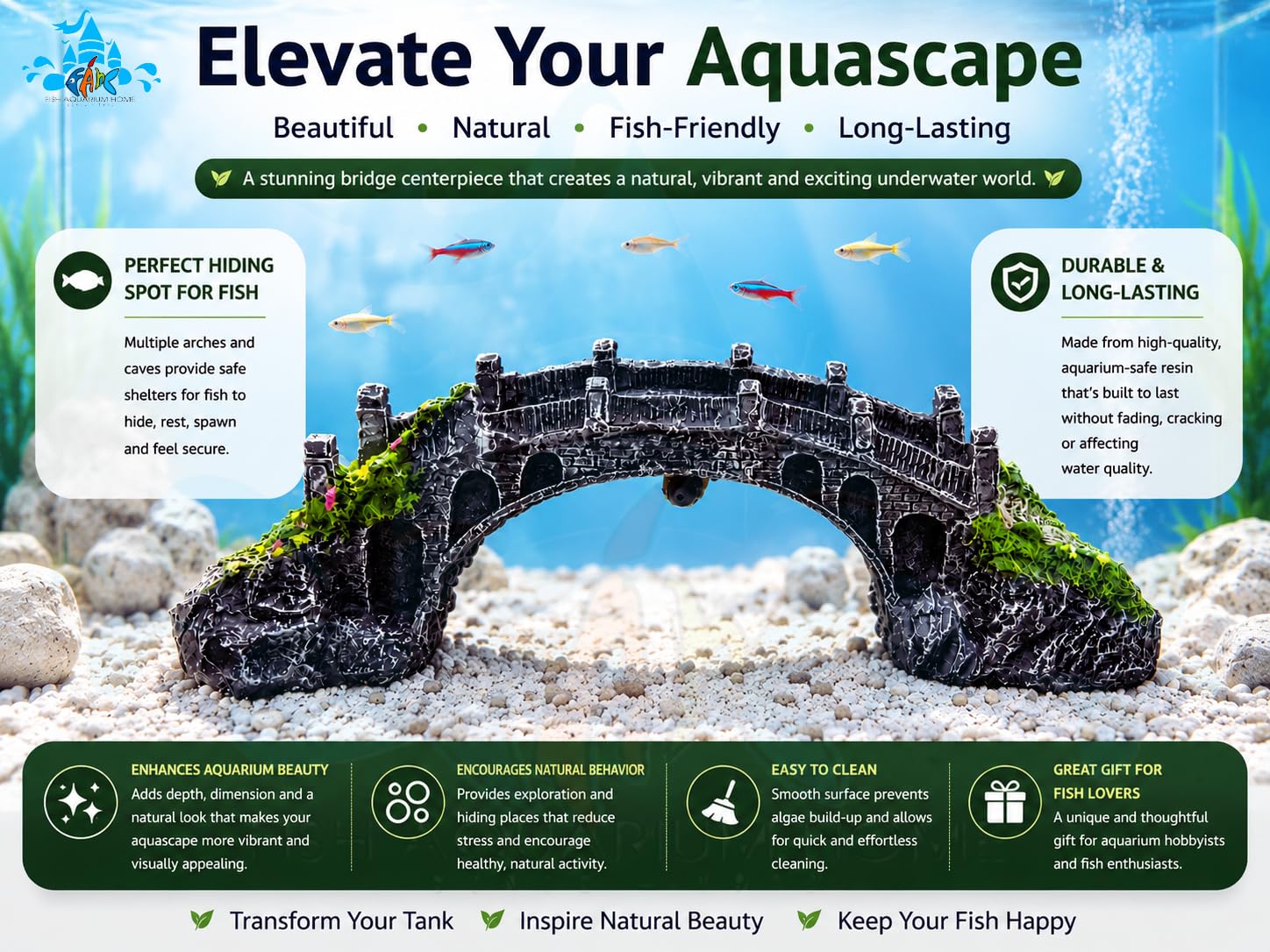 Fah® Aquarium China Town Bridge Decoration 138 | Non- Toxic Resin Fish Tank Ornament | Durable Aquarium Decor | FAH | (40.5cm x 10cm x 11cm) by FAH