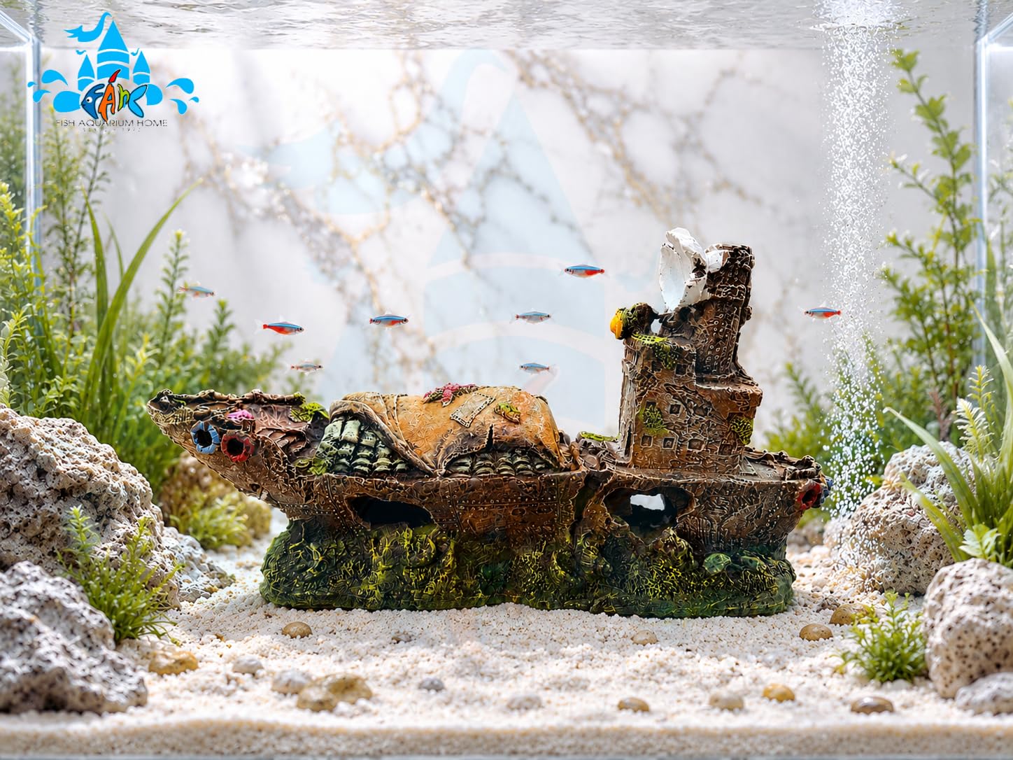 Fah® Aquarium Ship Decoration 130 | Non- Toxic Resin Fish Tank Ornament | Durable Aquarium Decor | FAH | (29cm x 19cm x 5.5cm) by FAH