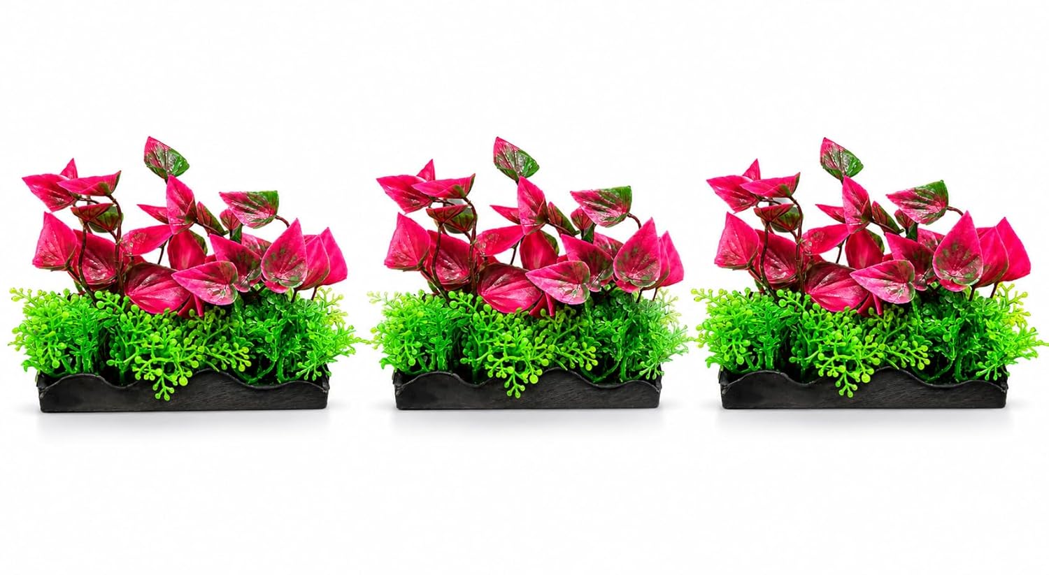 Minjiang Artificial Aquarium Tray Plant Pack of 3 |12.5 cm Pink Heart-Leaf with Green Fern Base | Fish Tank Decoration by Minjiang