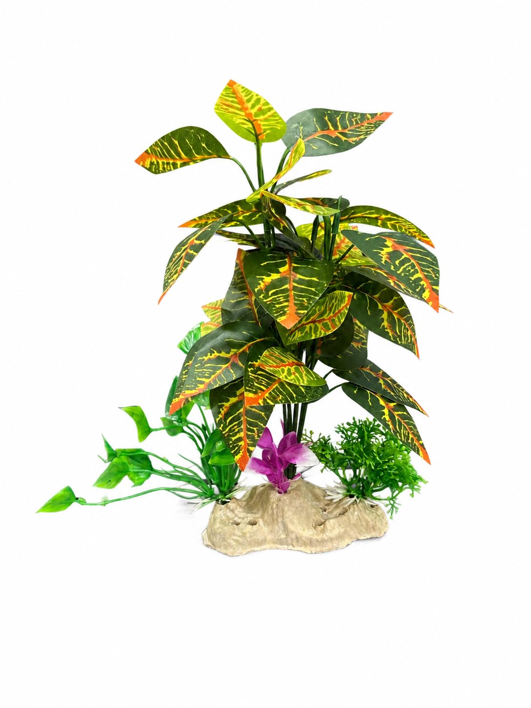 Minjiang Artificial Aquarium Plant 26 cm | Croton-Style Multicolour Orange Yellow Green Leaves | Fish Tank Decoration by Minjiang