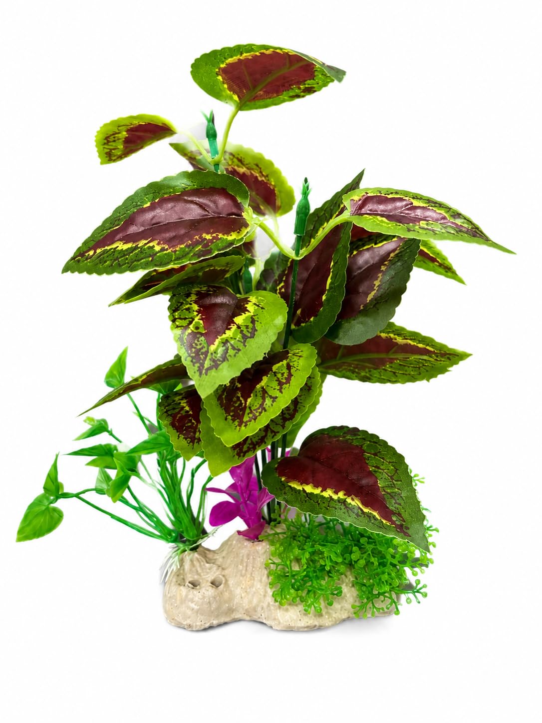 Minjiang Artificial Aquarium Plant 26 cm | Coleus-Style Burgundy Red Green Variegated Leaves | Fish Tank Decoration Freshwater by Minjiang