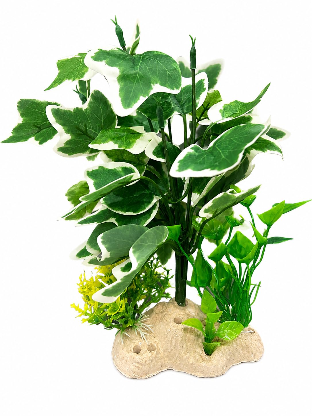Minjiang Artificial Aquarium Plant 27 cm | Caladium-Style Deep Green White-Edged Variegated Leaves | Fish Tank Decoration by Minjiang