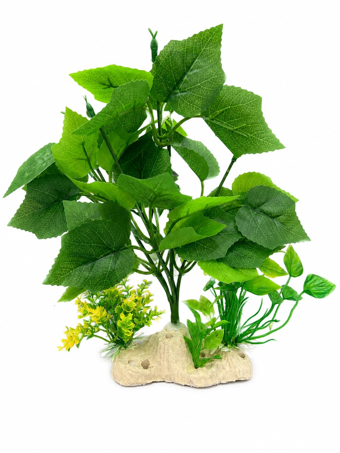 Minjiang Artificial Aquarium Plant 25 cm | Lush All-Green Philodendron Broadleaf | Fish Tank Decoration with Yellow Flower by Minjiang