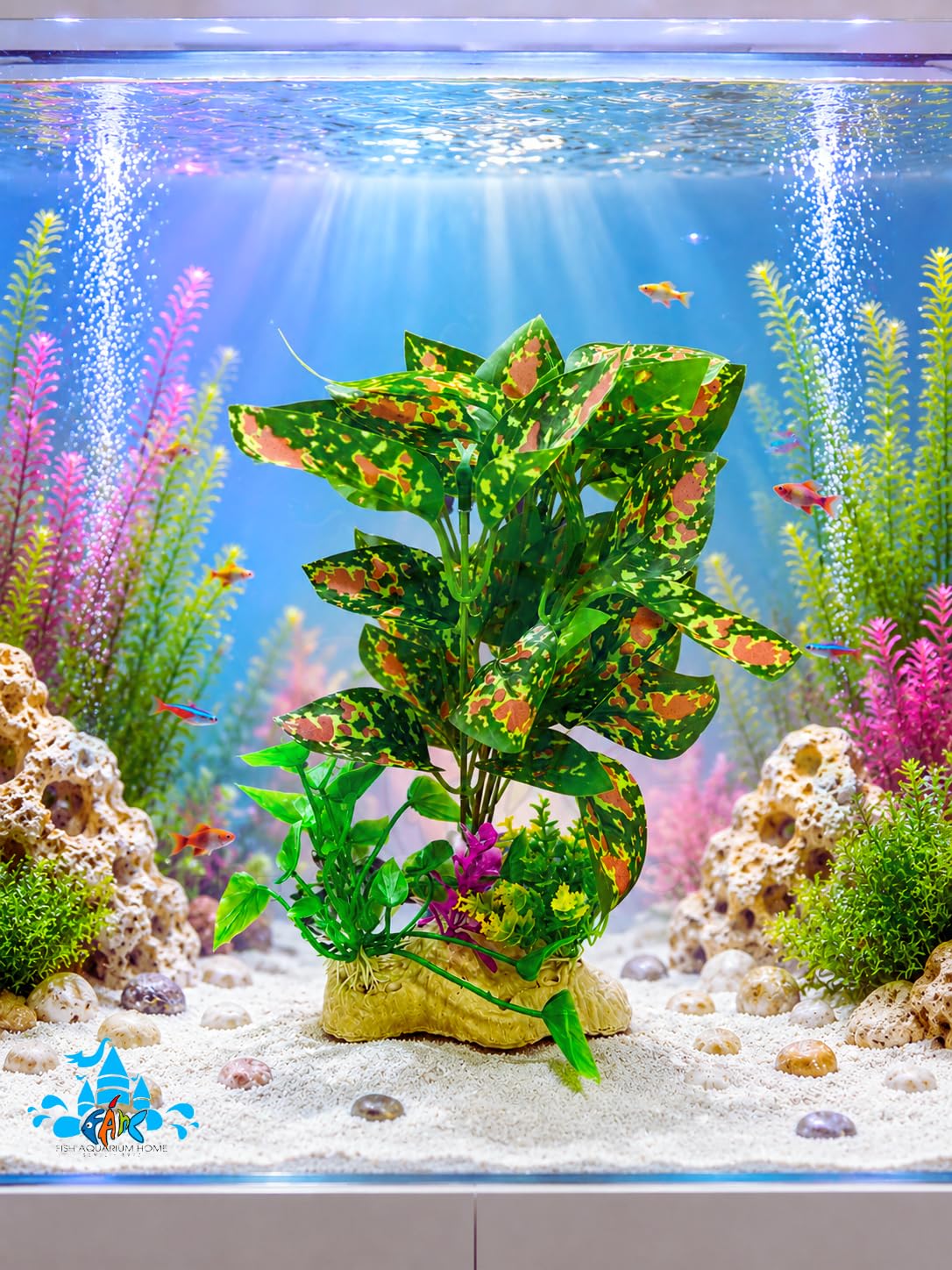 Minjiang Artificial Aquarium Plant 25.5 cm | Croton-Style Dark Green Orange Pink Mottled | Midground Fish Tank Decoration by Minjiang