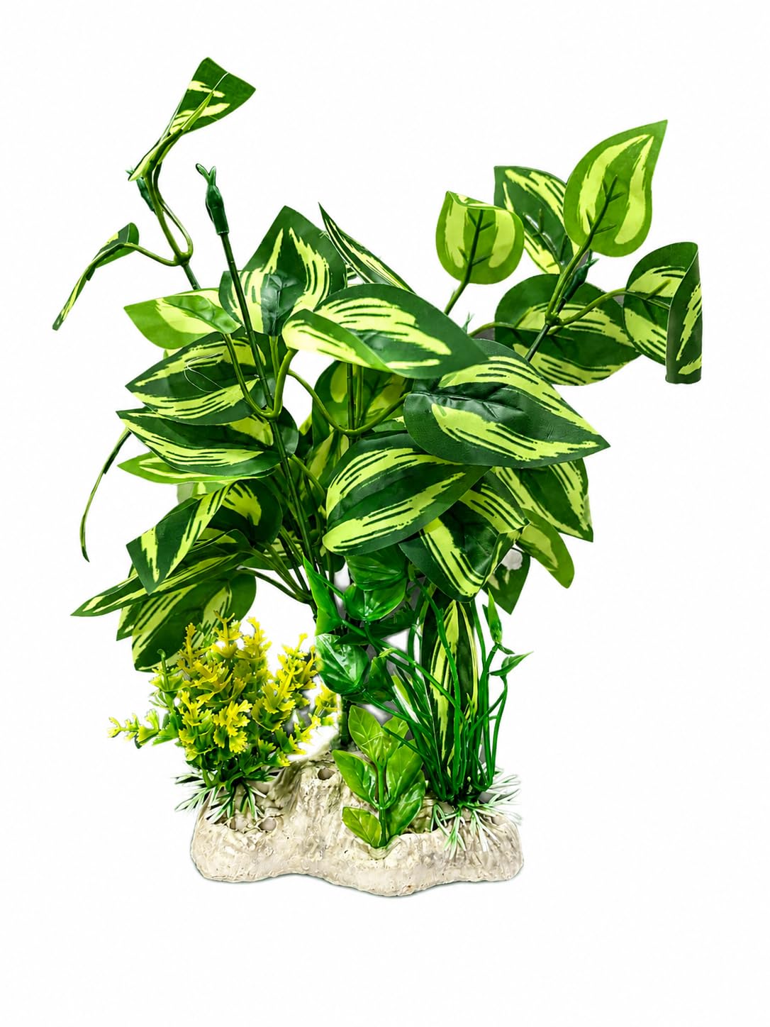Minjiang Artificial Aquarium Plant 27 cm | Scindapsus-Style Green Leaves with White Midrib Stripe | Fish Tank Decoration by Minjiang