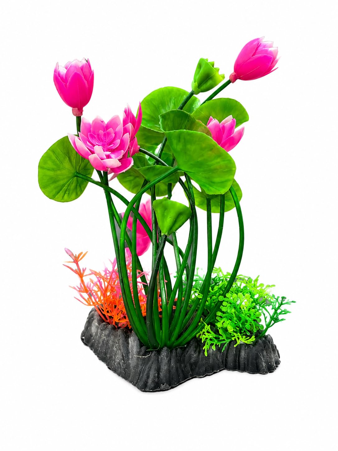 Minjiang Artificial Aquarium Lotus Plant 20 cm | Pink Water Lily Flower with Green Lily Pads | Fish Tank Centrepiece Decoration by Minjiang