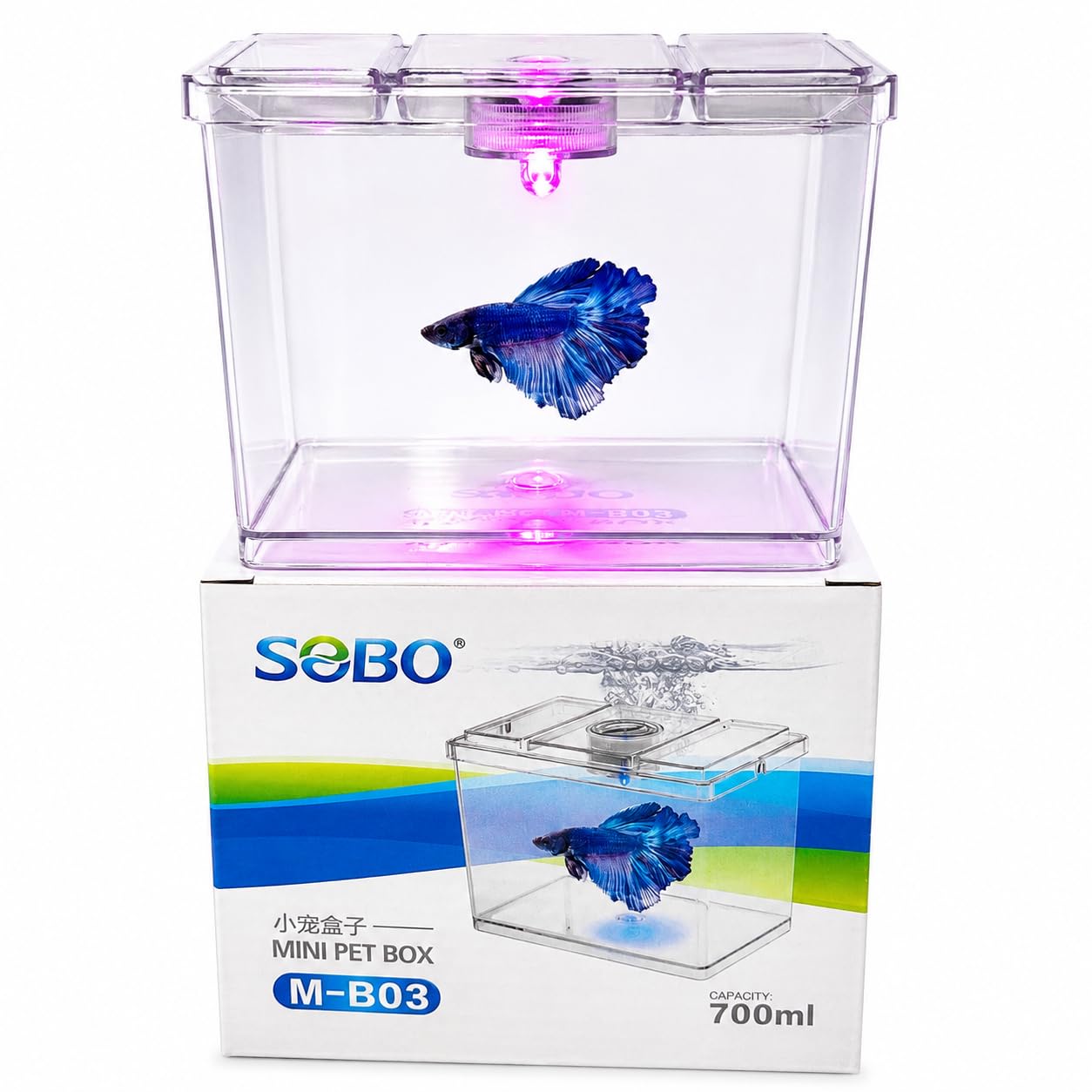 FAH® SOBO Mini Pet Box M-B03 (with LED Light), Clear Transparent Mini Aquarium, 700ml, for Betta Fish and Small Ornamental Fish(for Betta,Turtle,& Other Small Pets) by Sobo